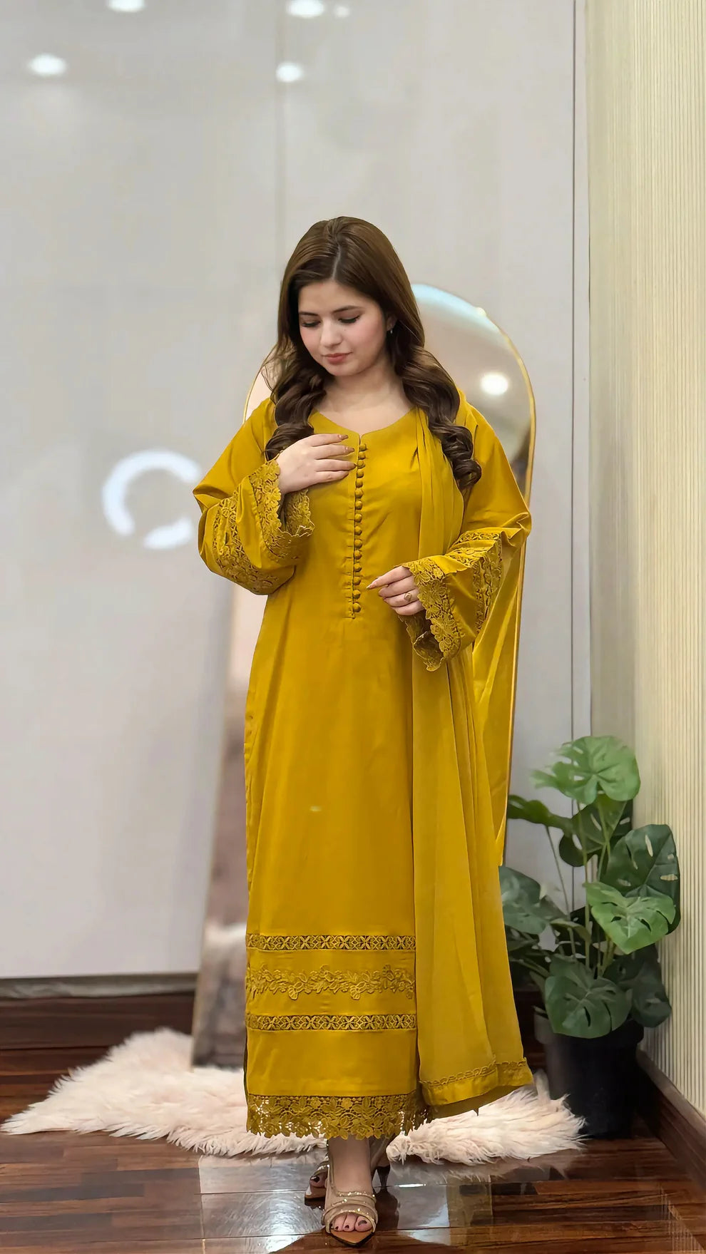 Luxury Mustard Yellow Embroidered 3-Piece Suit