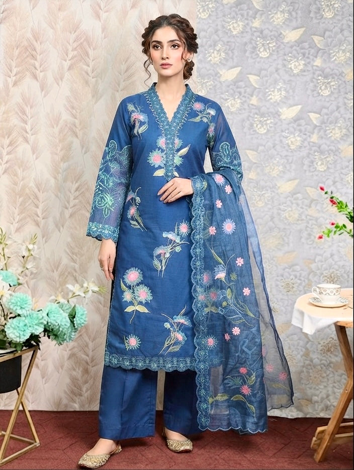 Midnight Bloom Embroidered 3-Piece Lawn Suit