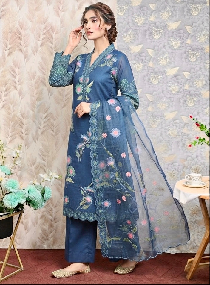 Midnight Bloom Embroidered 3-Piece Lawn Suit
