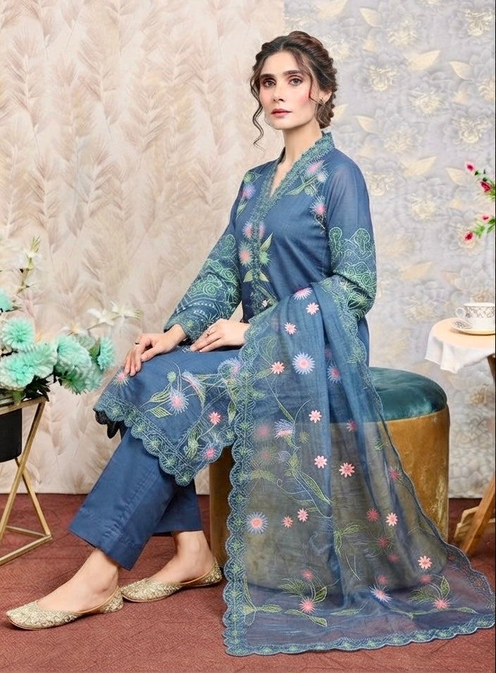Midnight Bloom Embroidered 3-Piece Lawn Suit