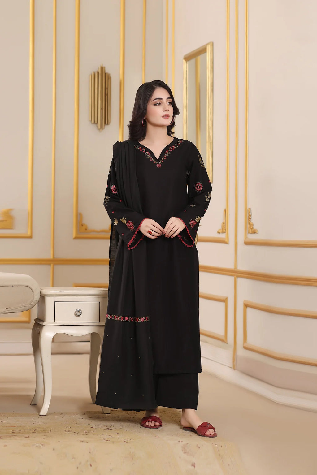 Elegant Black Embroidered 3-Piece Suit