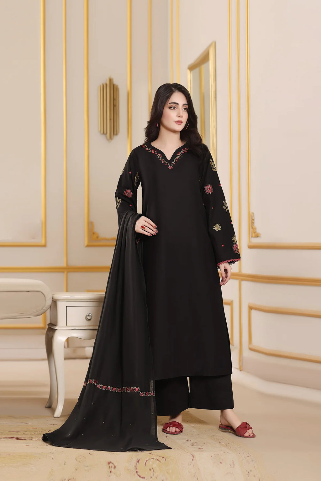 Elegant Black Embroidered 3-Piece Suit