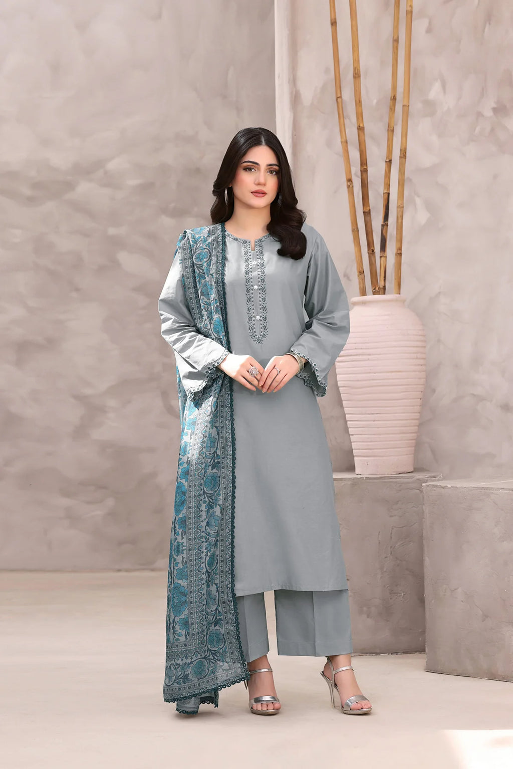 Embroidered Gray 3PC Lawn Dress