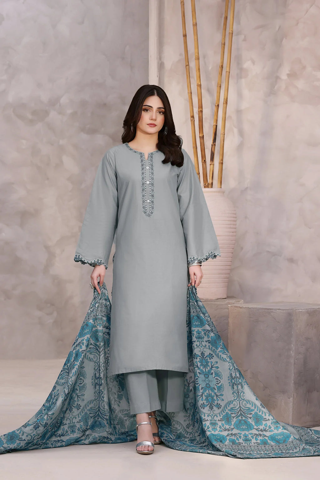 Embroidered Gray 3PC Lawn Dress