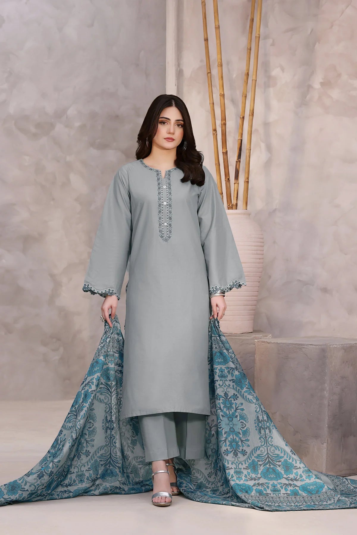 Embroidered Gray 3PC Lawn Dress