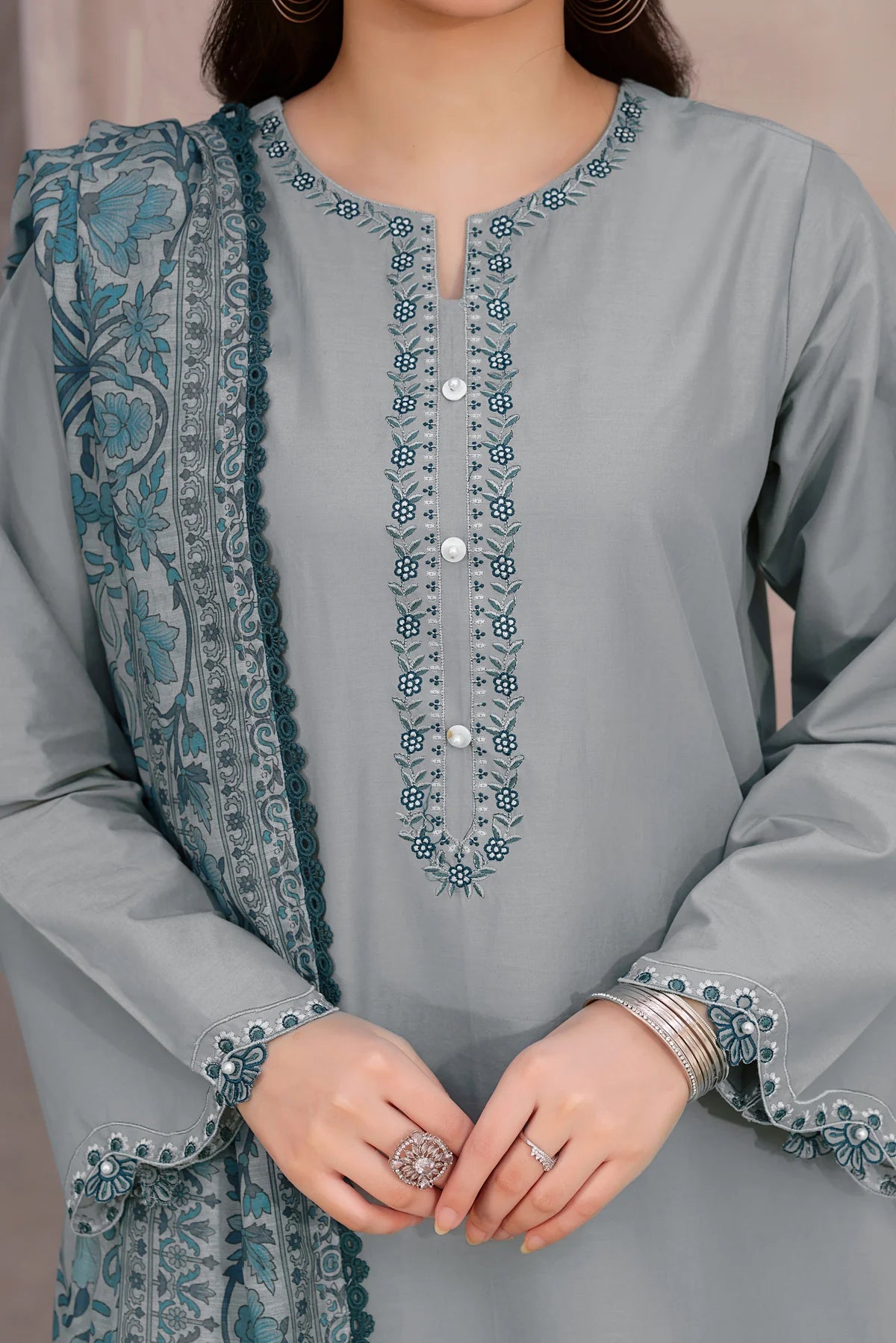 Embroidered Gray 3PC Lawn Dress