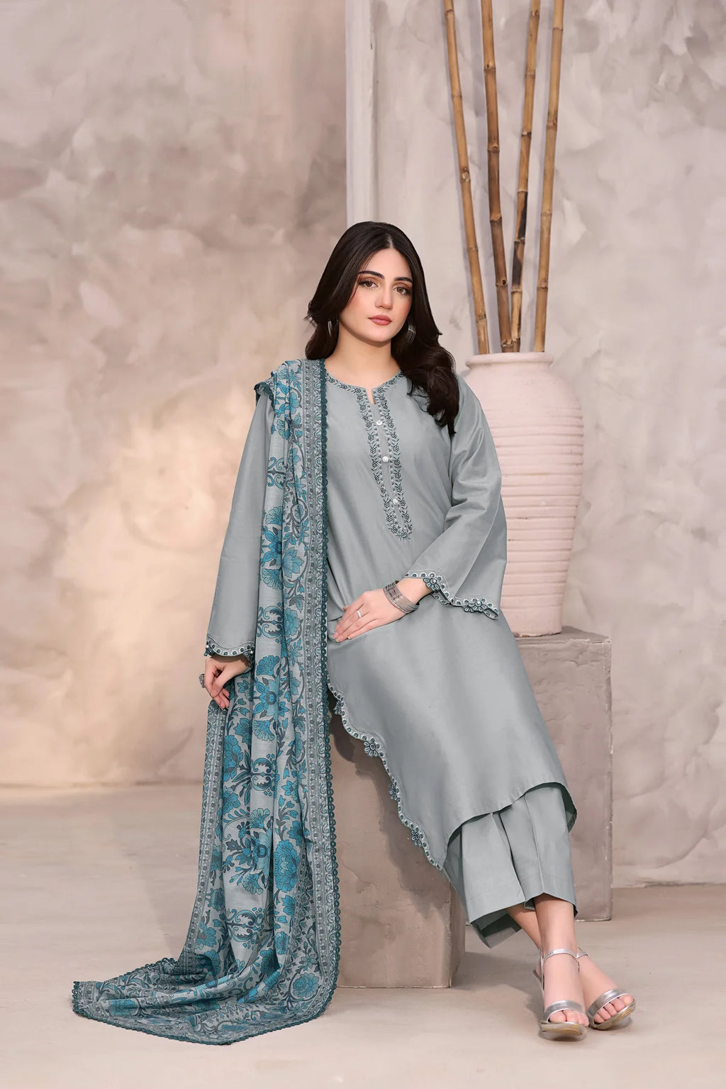 Embroidered Gray 3PC Lawn Dress