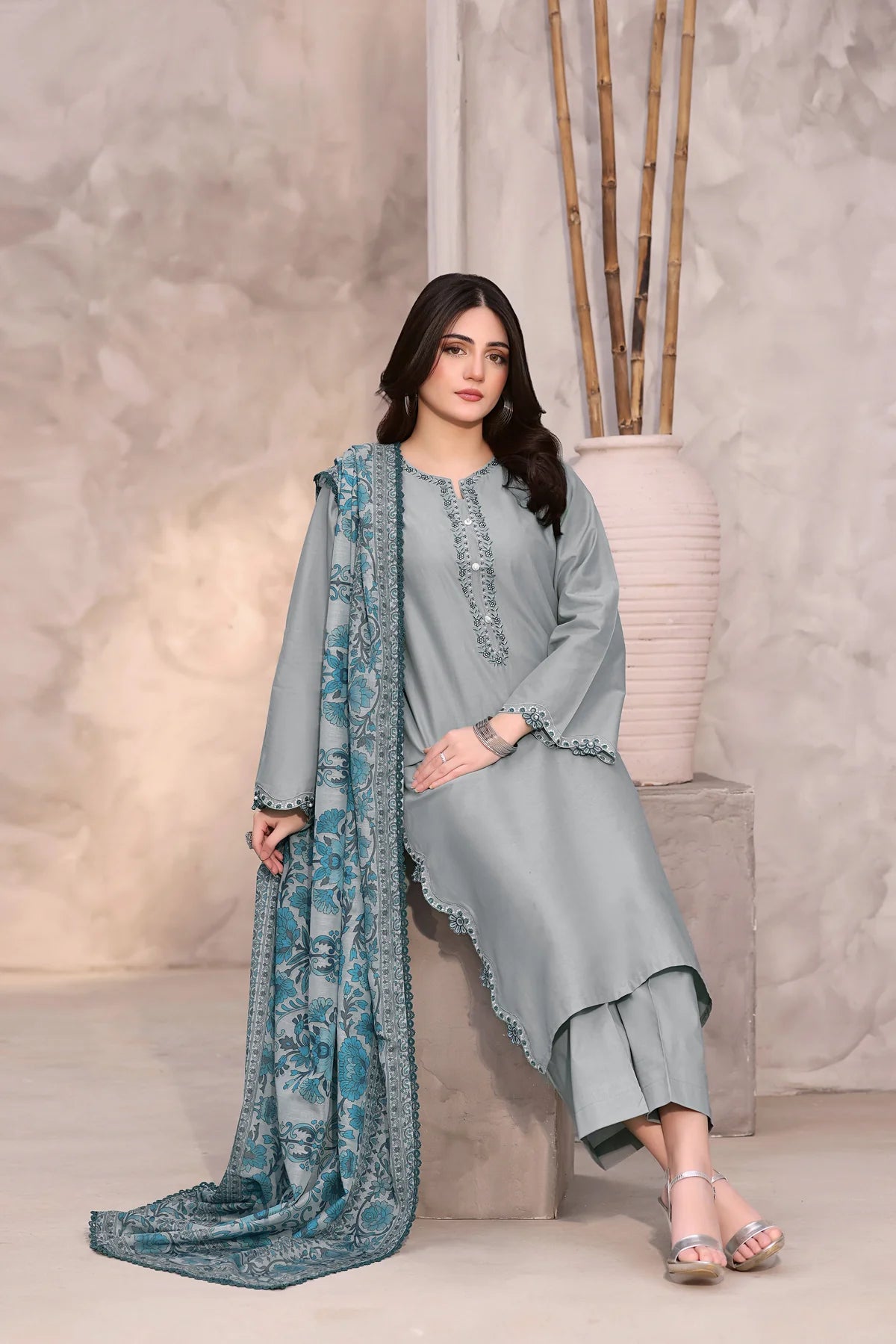 Embroidered Gray 3PC Lawn Dress