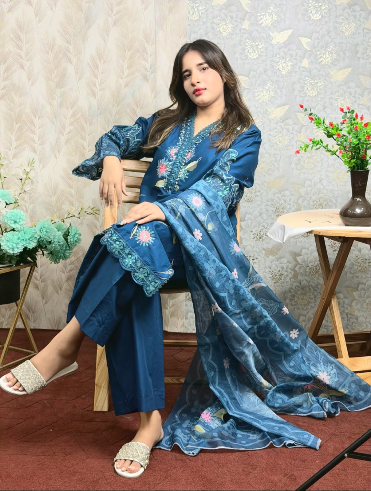 Midnight Bloom Embroidered 3-Piece Lawn Suit