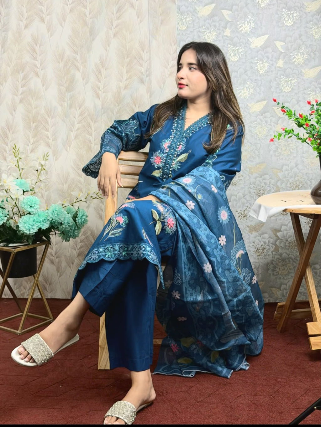 Midnight Bloom Embroidered 3-Piece Lawn Suit