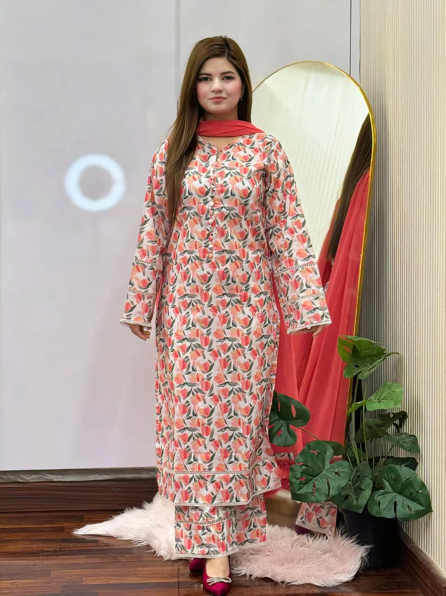 Beige 3-Piece Lawn Cambric Stitched Suit with Chiffon Dupatta